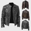 2023 Men's Slim Stand Collar Leather Jacket with Zipper Pocket