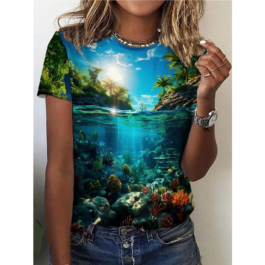 3D printed women's short sleeved casual round neck T-shirt