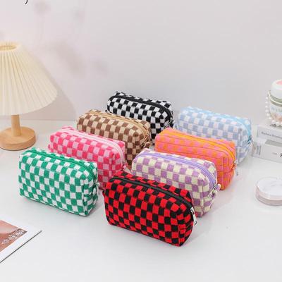 Knitted Wool Checkerboard Cosmetic & Toiletry Bag - Large Capacity, Portable for Travel