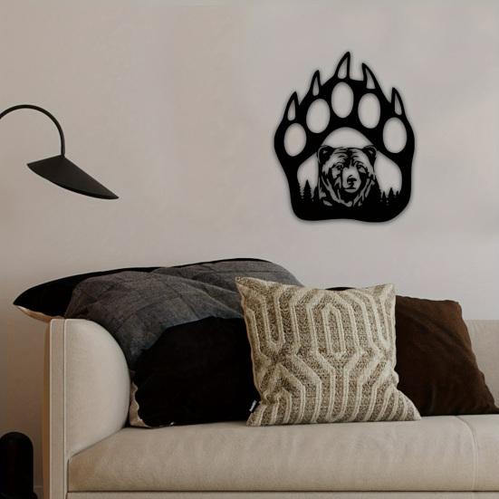 Farmhouse Style Wall Art Metal Hollow Out Bear Art, Rustic Forest Landscape Hanging Sculpture with Paw Handmade Wooden Decoration Prints,