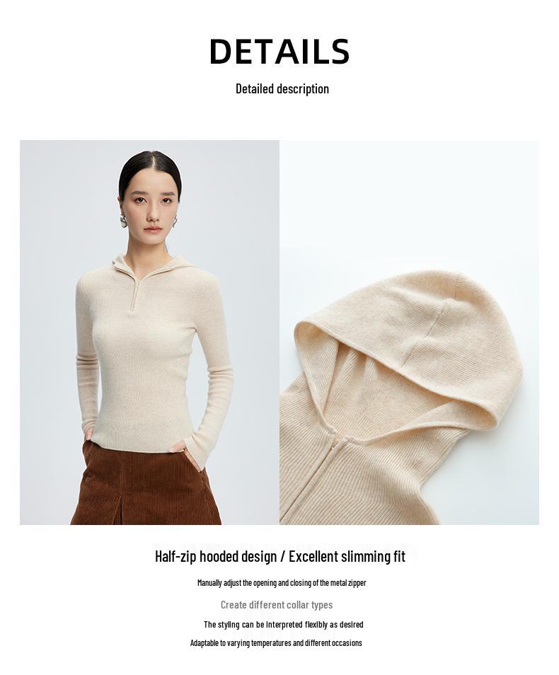 Women’s Cashmere Half-Zip Hooded Sweater – Seamless, Solid Color, Autumn/Winter Knitted Pullover