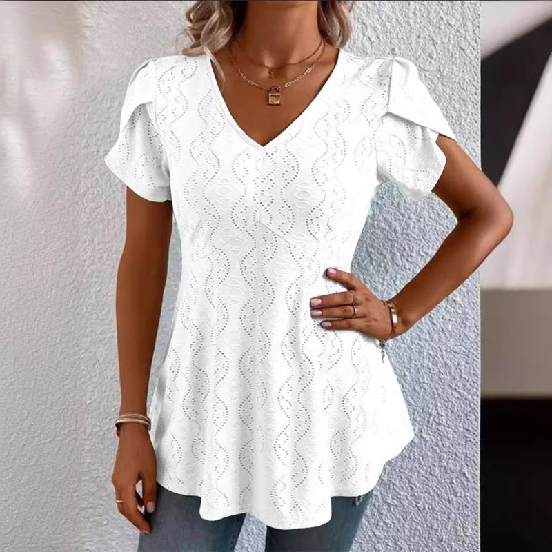 Summer Solid Color Comfortable Casual V-Neck Short Sleeve T-Shirt for Women