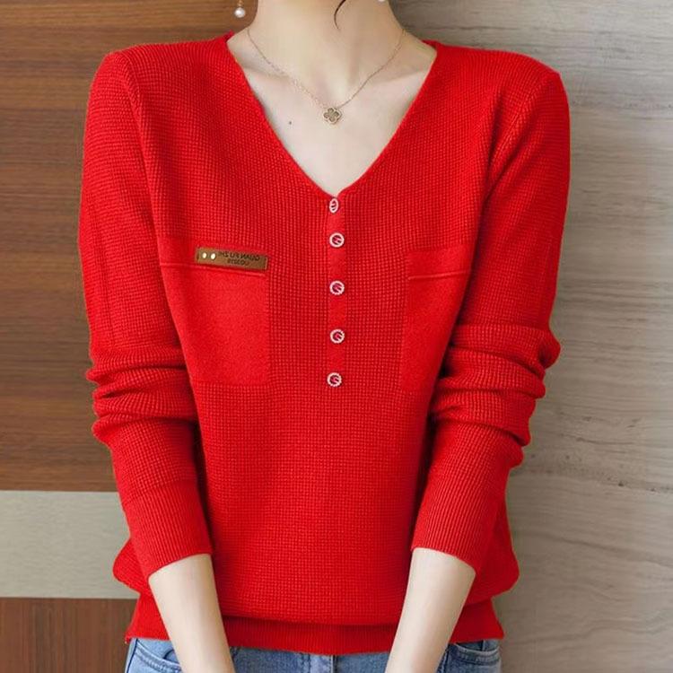 Dzianinowy sweter bazowy dla kobiet, z dekoltem V, zapinany na guziki, pulower z długim rękawem, swetry z atrapą kieszeni, top