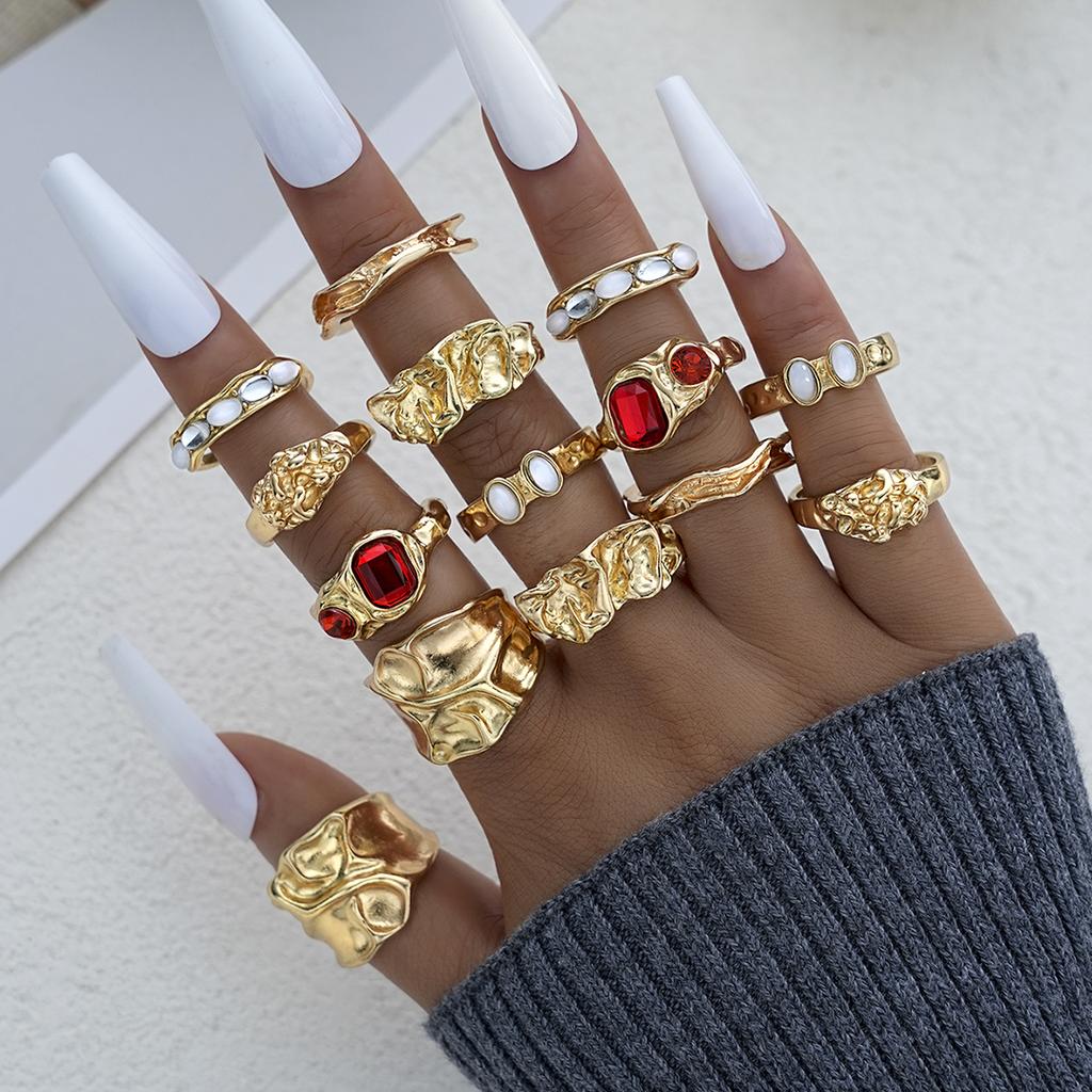 7/14Pcs Punk Colorful Crystal Gold Color Ring Set For Women Fashion Irregular Gemstone Rings Chunky Party Daily Wear Jewelry New