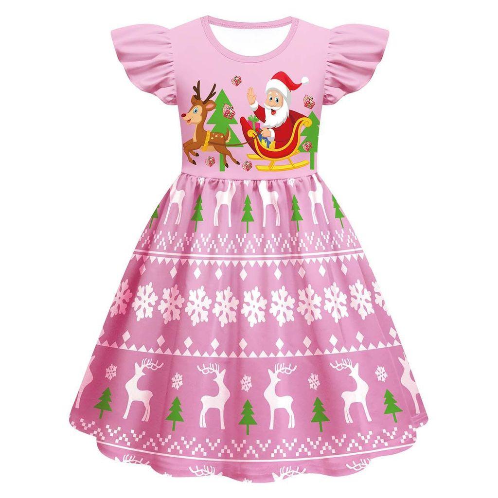 

Детское платье для девочек с мультяшным принтом Санта-Клауса, рождественской елки и лося, с оборками на рукавах, на Новый год 160cm