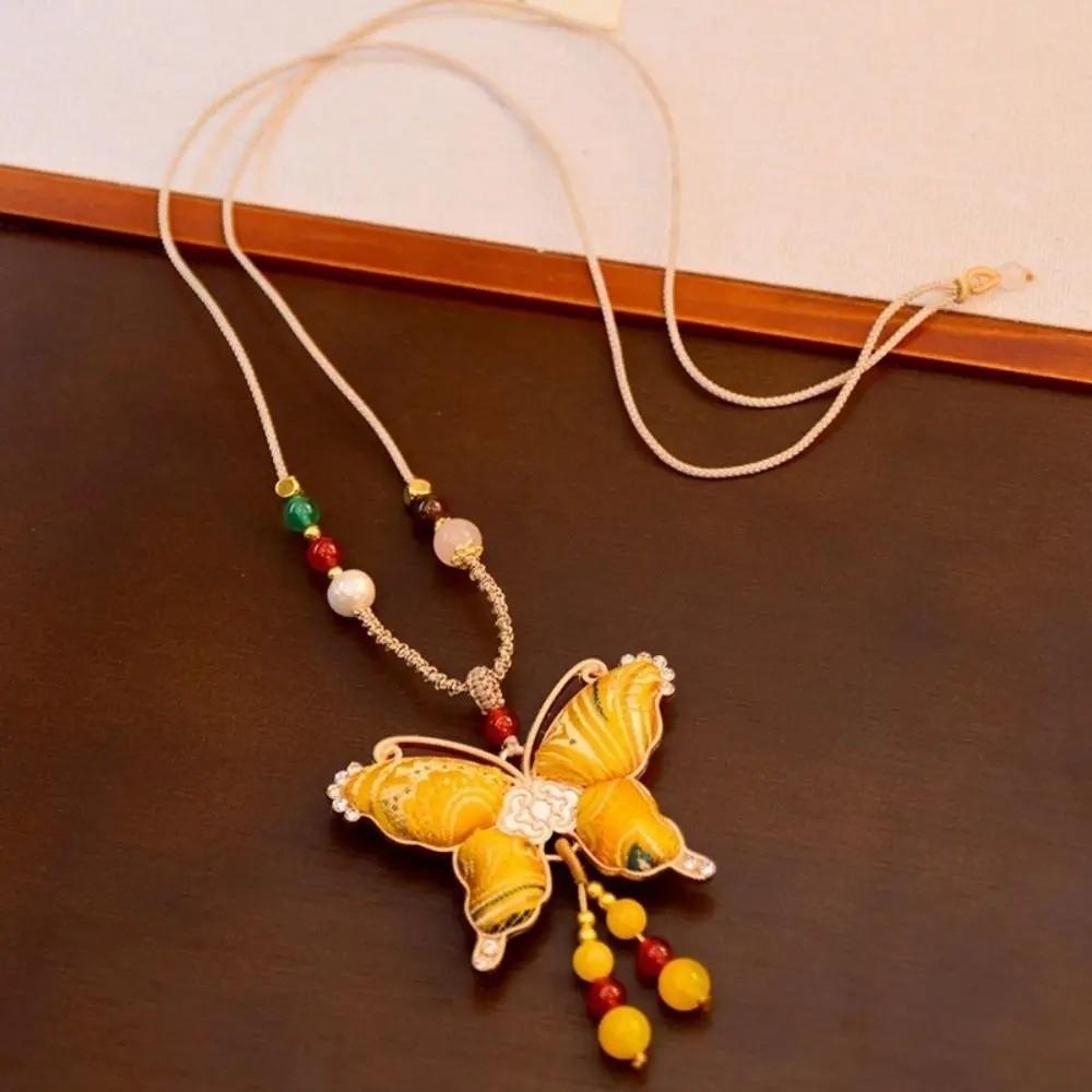 Butterfly Pendant Tassels Necklace Ethnic Style Embroidered Pendant Necklace  Ethnic Fashion
