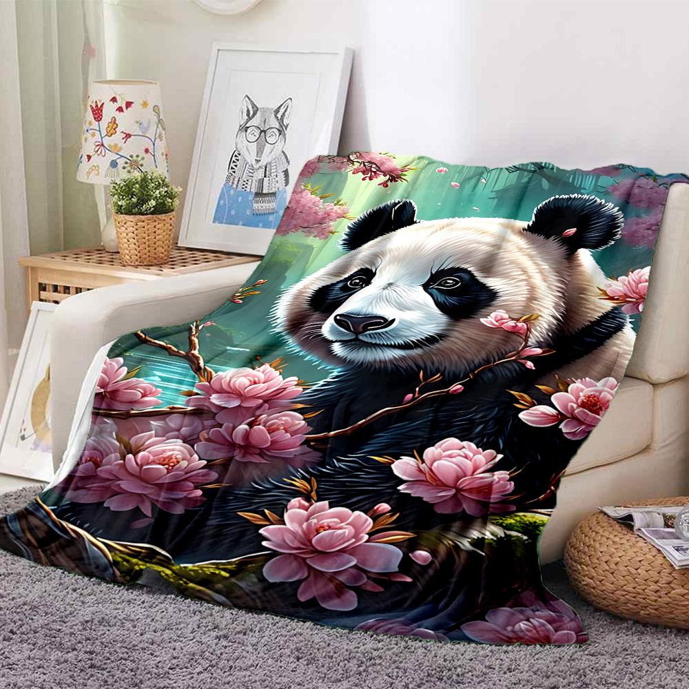 1pc Panda, Cherry Blossom Blanket Lightweight Blanket Throw Blanket For Sofa, Bed, Travel, Camping, Livingroom, Office, Couch, Chair yy251010099