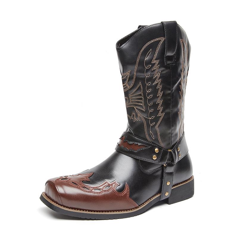 Men's Embroidered Leather Western Cowboy Boots - Retro European High-top Knight Style