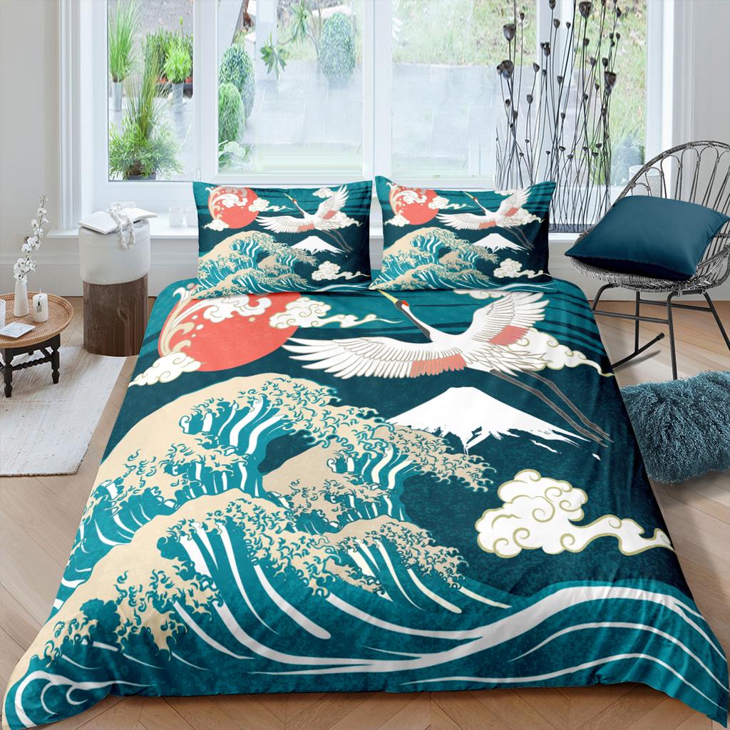 Japanese Crane Duvet Cover King Queen Size Wave Flower Ukiyo-E Style Bedding Set Eastern Culture 2/3Pcs Polyester Quilt Cover