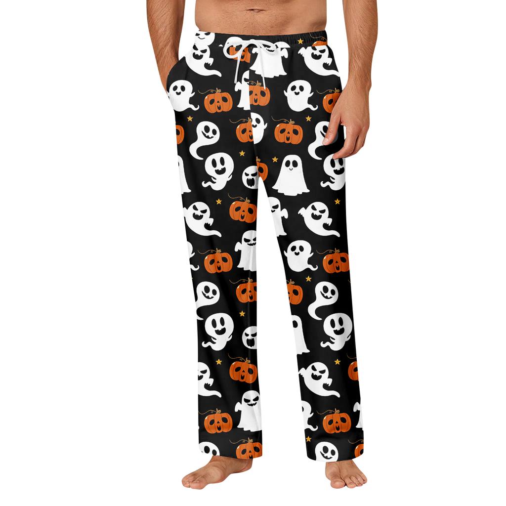 Men's Halloween Print Pocket Straight Casual Pants Home Pajama Pants