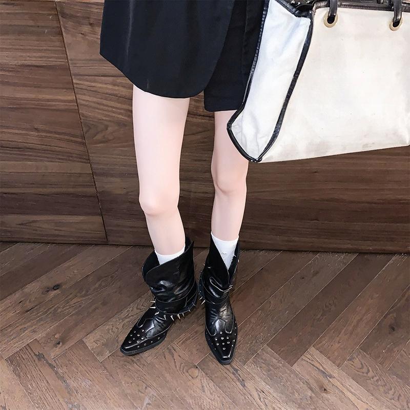 Mode Damen 2025 Sommer Britische Eckige Zehenpartie Nieten Mid-Tube Stiefel