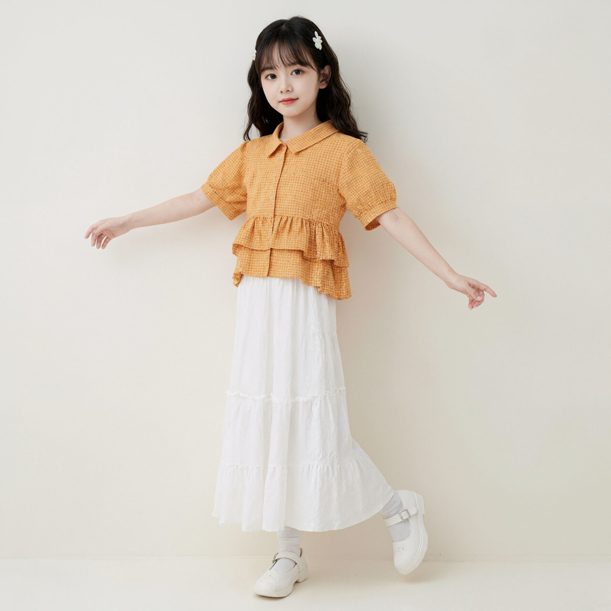 

Girls Sweet Set - Summer Children s Fashion Short-Sleeved Check Shirt and Skirt Set 130