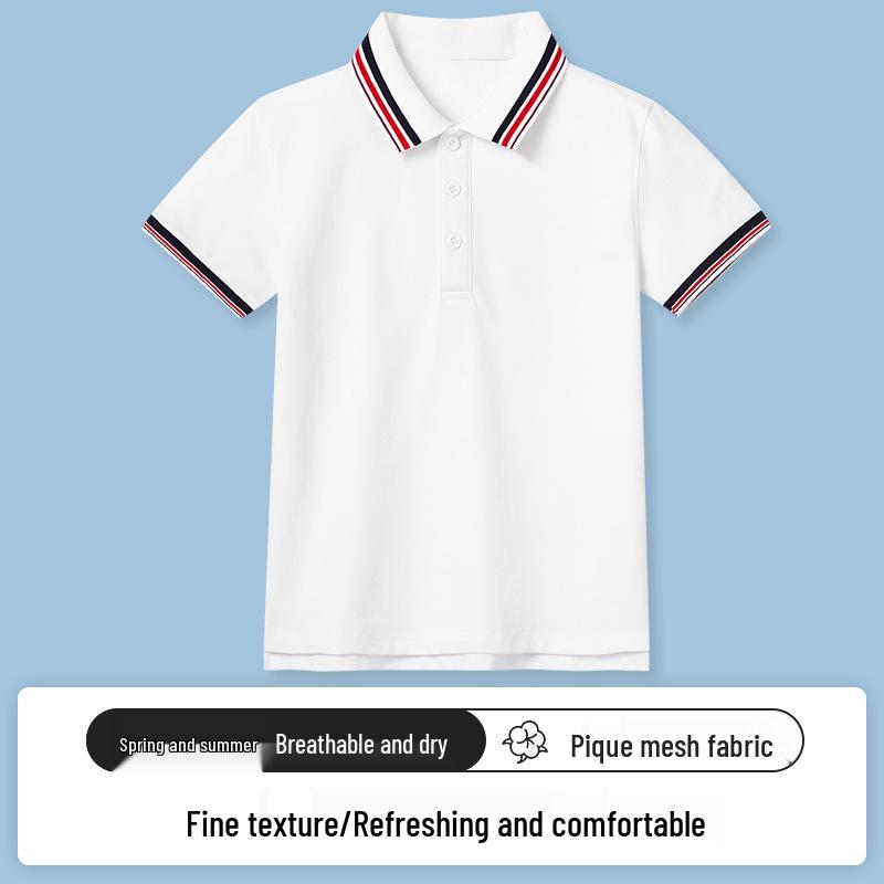 Kids' Light Blue Polo Shirt - Pure Cotton, Navy Blue Lapel, Short Sleeve, Summer Elementary School Uniform
