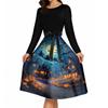 Women's Vintage Long Sleeve Round Neck Dress Halloween Printed Party Dress with Bow Waist Tie and Flared Skirt Suitable for Evening Events