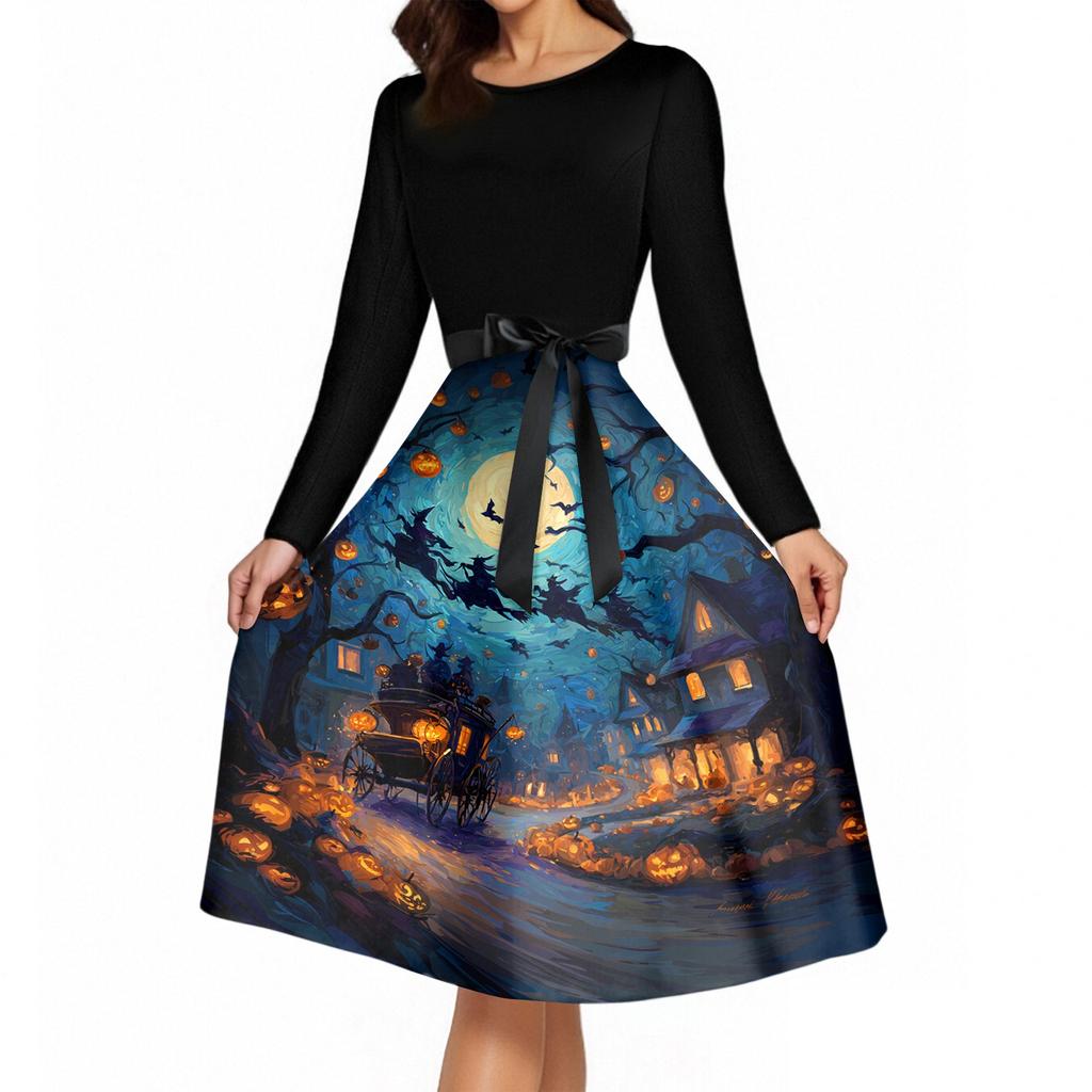 Women's Vintage Long Sleeve Round Neck Dress Halloween Printed Party Dress with Bow Waist Tie and Flared Skirt Suitable for Evening Events