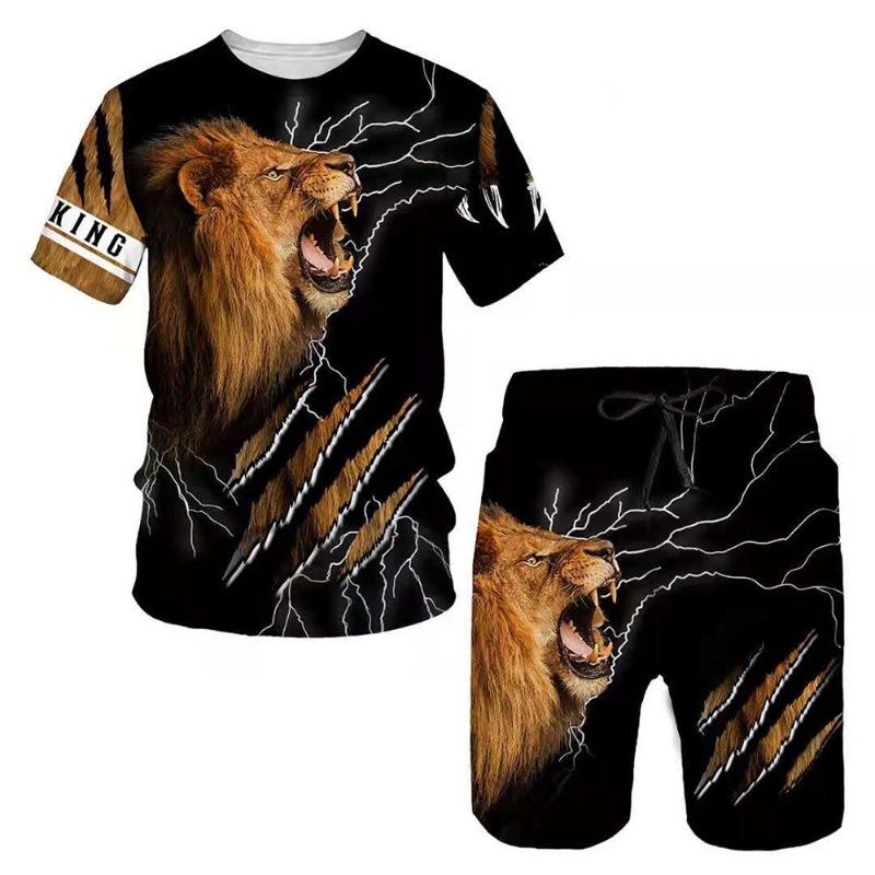Summer Lion Animal Pattern Printed Men's Casual Comfortable Loose Short Sleeved Two-piece Sport Wear