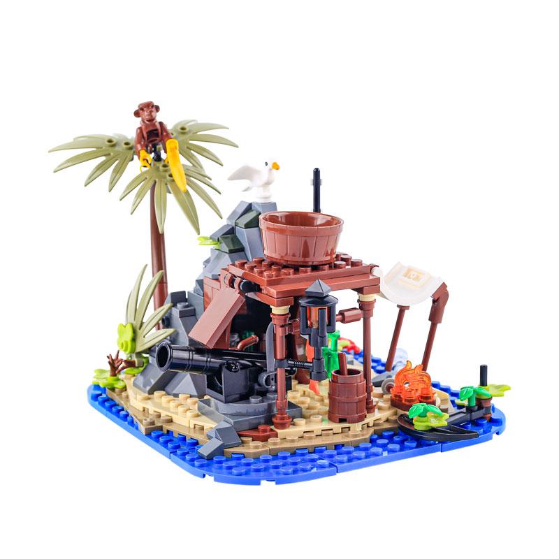 MOC Piratenbucht Bausteine Kreativität Mittelalterliche Segelboote Geschützkarre Waffen Soldaten Zusammenbauen Straßenbild Steine Spielzeug