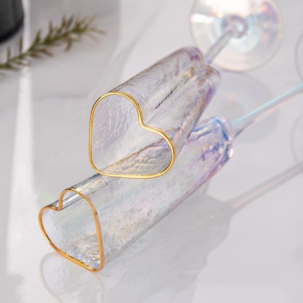 Heart-Shaped Champagne Flutes Set of 2, Golden-Rimmed Crystal Wedding Toasting Glasses for Couples, Birthday, Christmas, Anniver
