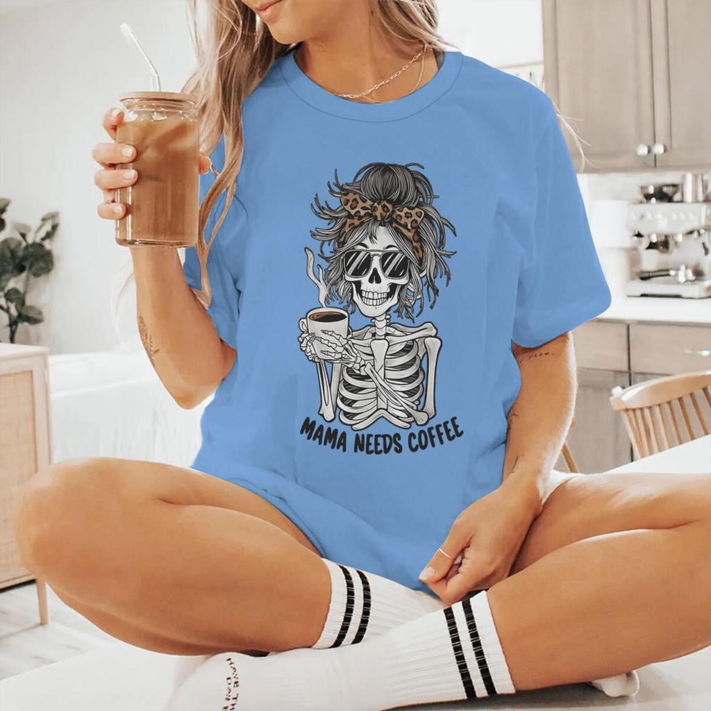 Mama Needs Coffee Vintage Womens Tshirts Fun Skeleton Coffee Print Graphic Short Sleeve T Shirt Casual Coffee Mom Tshirts Gift