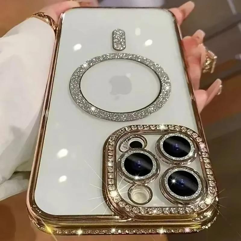 Soft Magnetic Wireless Charge Diamond Phone Case For iPhone 11 12 13 14 15 16 Pro Max Plus Glitter Magsafe Bumper Back Cover