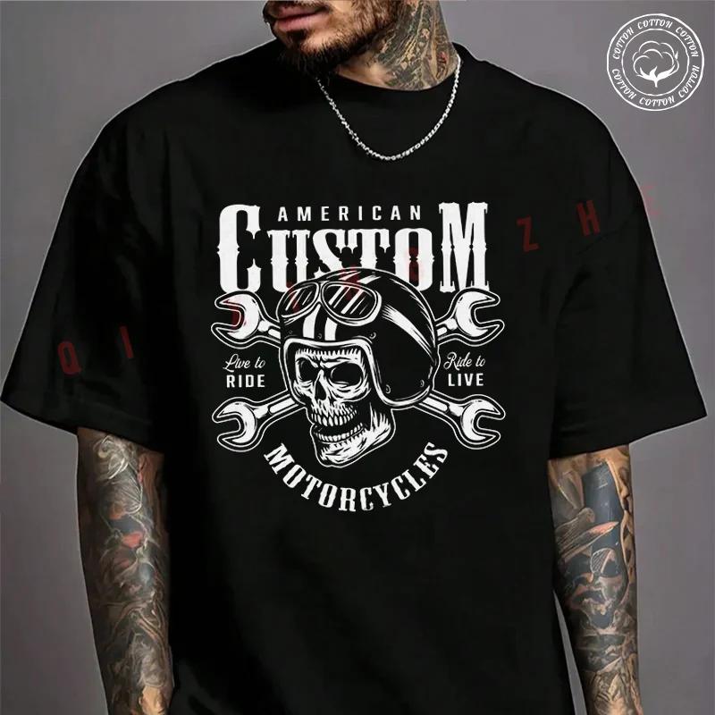 Men T Shirt Casual Crossed Spanners And Skull In Moto Helmet And Goggles T-shirt Graphic Cotton