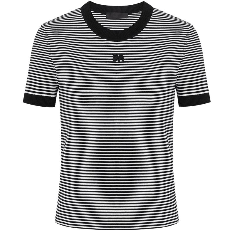 

MO&Co. Embroidered M Logo Striped Knit Short-Sleeve Tee M