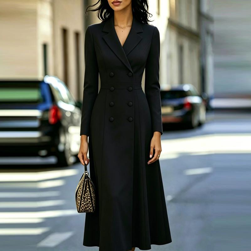 Women Double Breasted Blazer Midi Dress Notched Lapel Long Sleeve Waist Slim Fit Flared Long Formal Office Dress