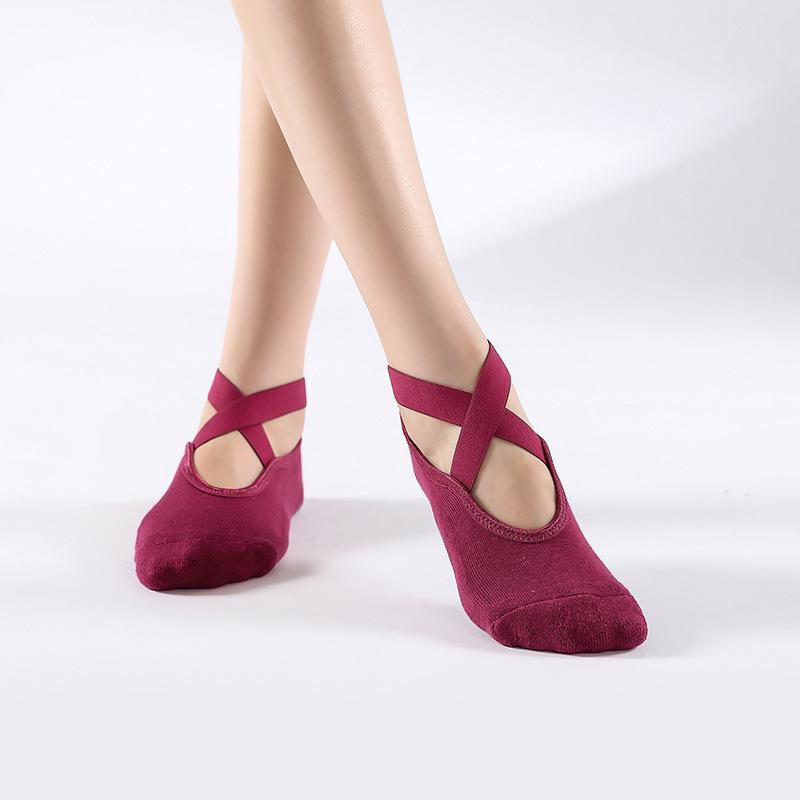 Non-slip Cotton Yoga Socks with Cross Straps and Terry Back One Size