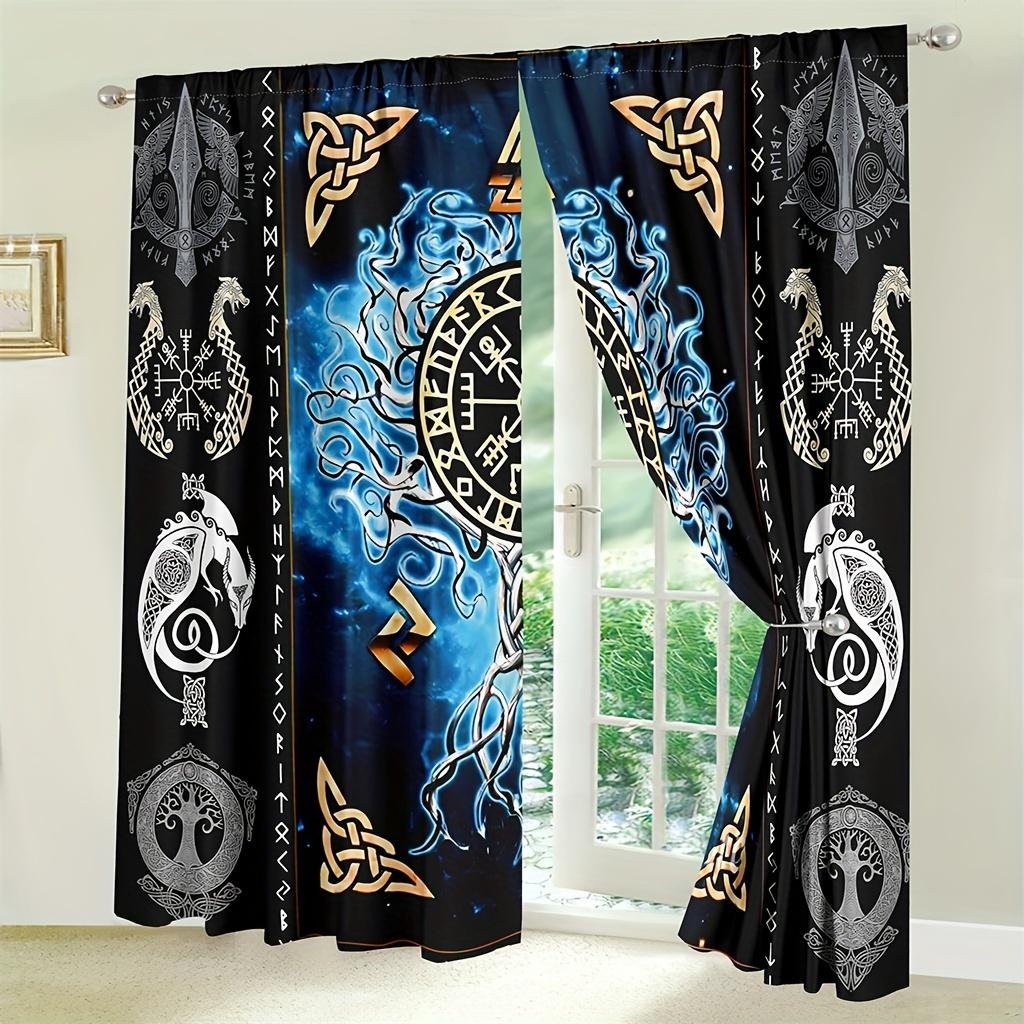 2pcs Viking-Inspired Curtains with Pirate Totem & Tree of Life Design - UV Protective, Semi-Transparent Polyester Drapes for Bed