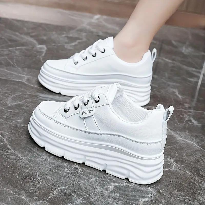 Women's Solid Color Sneakers, Casual Lace Up Outdoor Shoes, Comfortable Inner Heightening Shoes