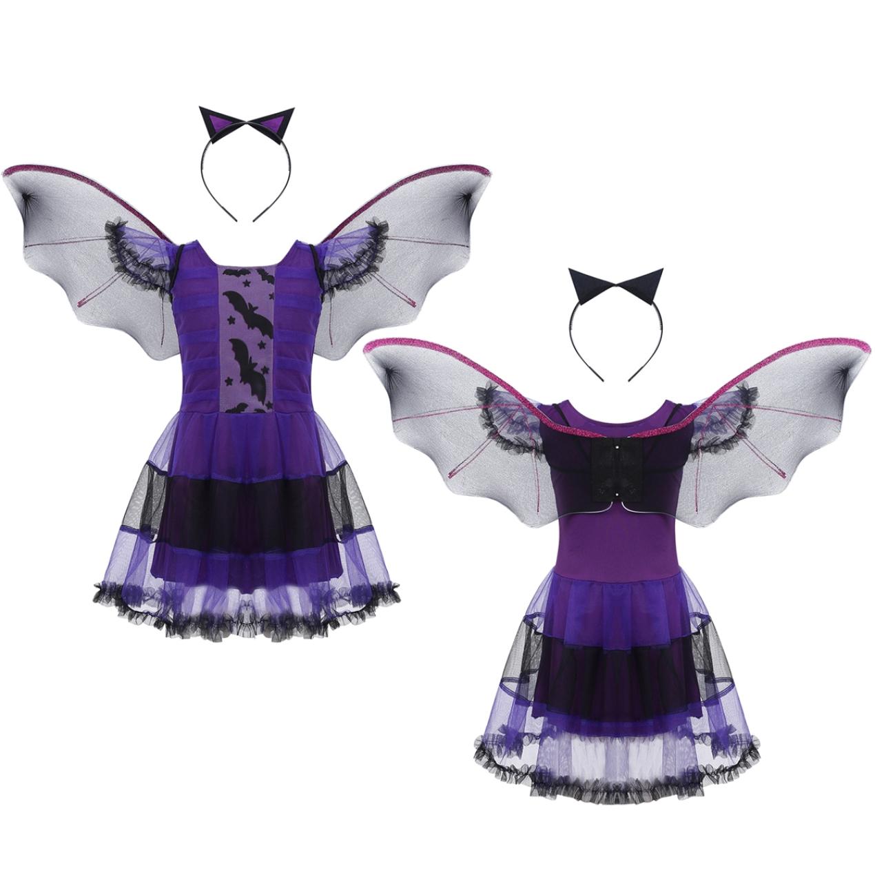 

Костюмы летучей мыши-вампира Маскарадный костюм для детей девочек Косплей костюм для вечеринки Хэллоуин Волшебное платье с крыльями Повязка на голову Аксессуары 4-5 Years