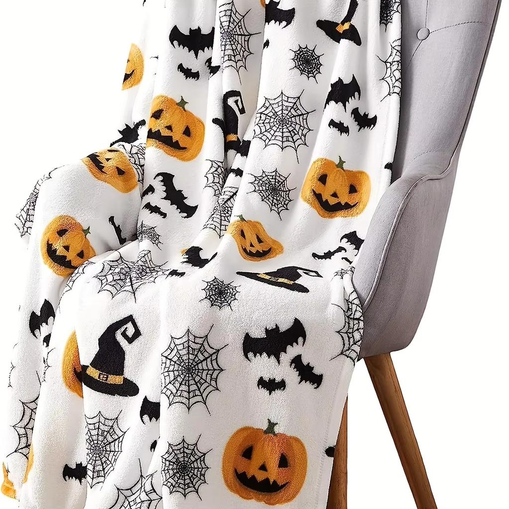 1pc Halloween Blanket Spiders Web Bats Pumpkins Print - Spooky Flannel Throw for Couch Decor - Soft Warm Gift for Party