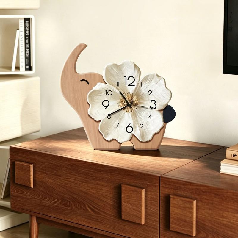 Cream Retro Elephant Flower Table Clock Silent Desk Clock Wooden Creative Decorative Ornament for Living Room Home Decor