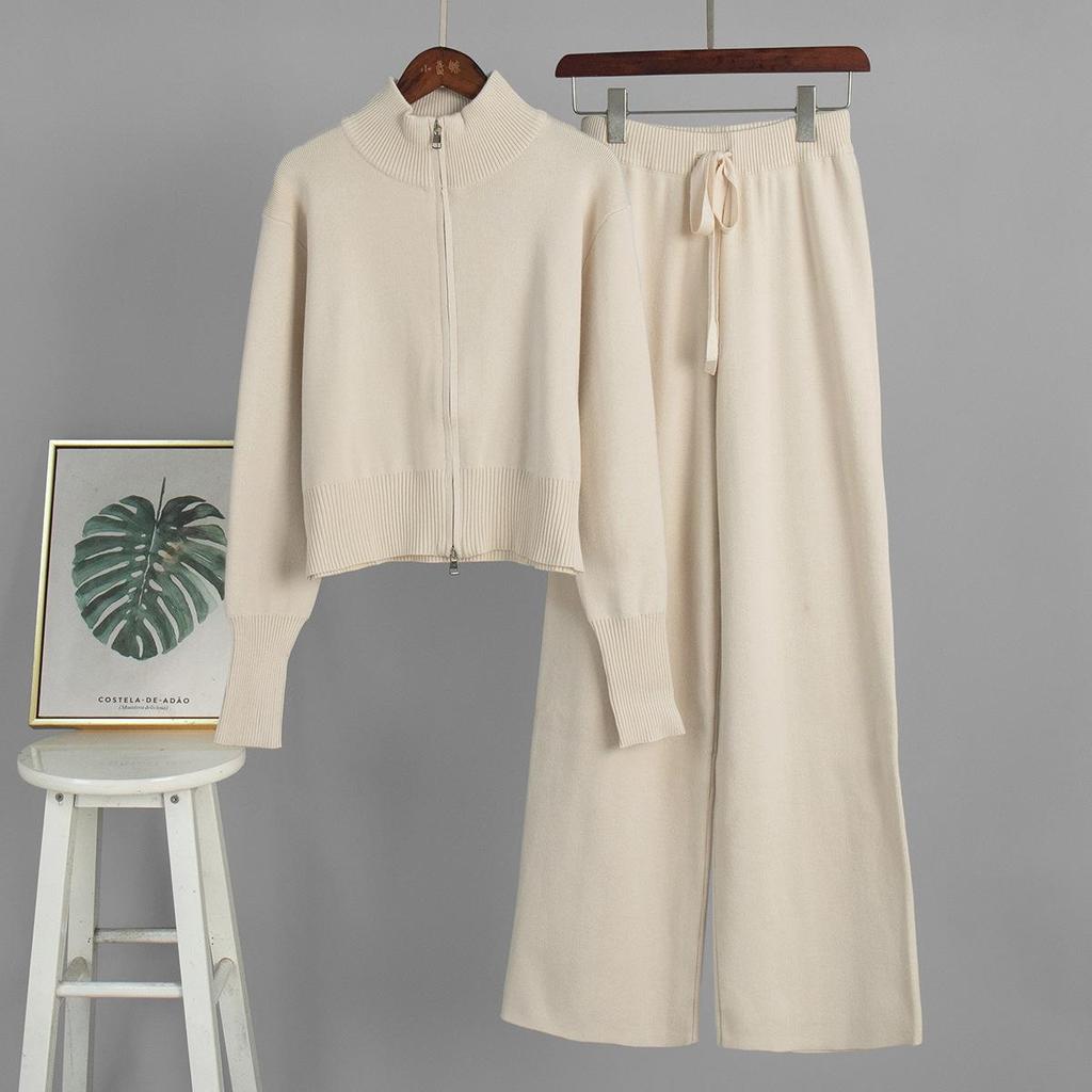 Dámská pletená žebrovaná mikina na zip a široké kalhoty v růžové barvě