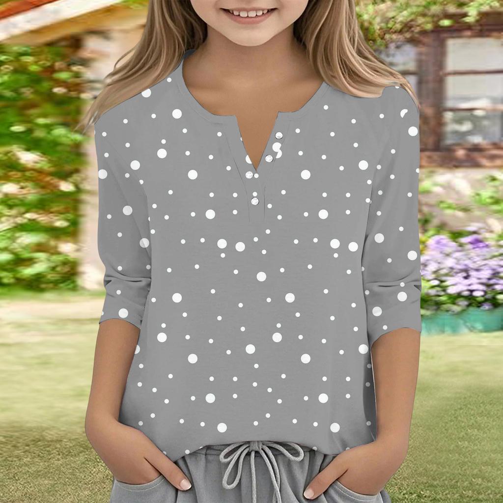 Print Tops For Youth Girls V Neck Button 3/4 Sleeves T-Shirts Trendy Tops Outfit Tees