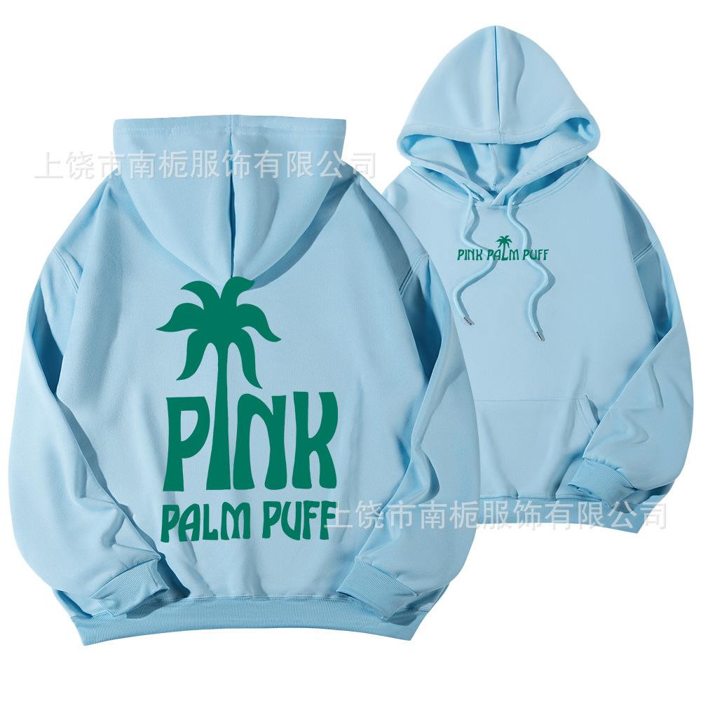Women's Hooded Long Sleeve Drop Shoulder Pullover Sweatshirt Palm Tree "PINK PALM PUFF" Back Letter Print Casual Hoodie