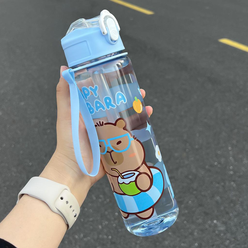 800ML Kids Water Bottle Creative Cartoon Plastic Cup with Straw&Hand Rope Large Capacity Water Bottle Outdoor Portable Water Cup