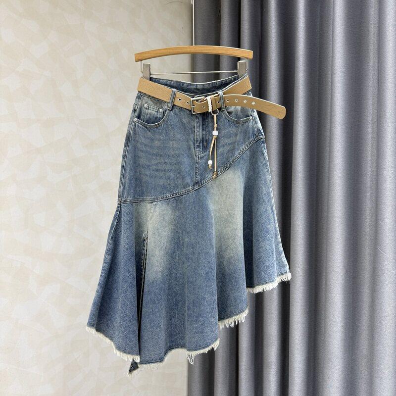 High-waisted denim irregular skirt women s spring new blue washed rough edge retro personalized medium and long skirt trendy brand S синий