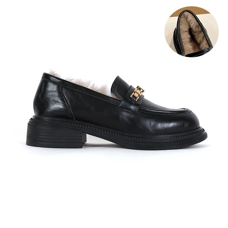 

[Версия из овчины] 2025 новые кожаные лоферы в британском стиле на толстой подошве с увеличением высоты, женские с маленькой золотой пряжкой, осенне-зимние, бархатные 40