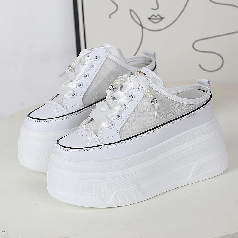 Fashion 12CM Slides Sneakers Slip On Microfiber Leather Women Summer Shoes Wedge Fashion Air Mesh Glitter Platform Slippers Sandals