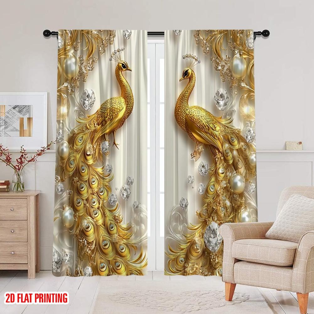 2Pcs 2D Flat Printing Beautiful Golden Peacock Printed Curtains Design Suitable For Bedroom Kitchen Dining Room Living Room