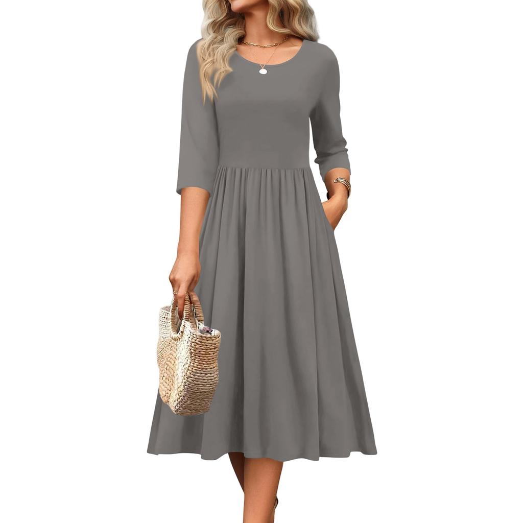 Dámské šaty s 3/4 rukávem, ležérní, splývavé, áčkového střihu, midi tričkové šaty s kapsami, kulatý výstřih, na dovolenou, boho, plážové letní šaty