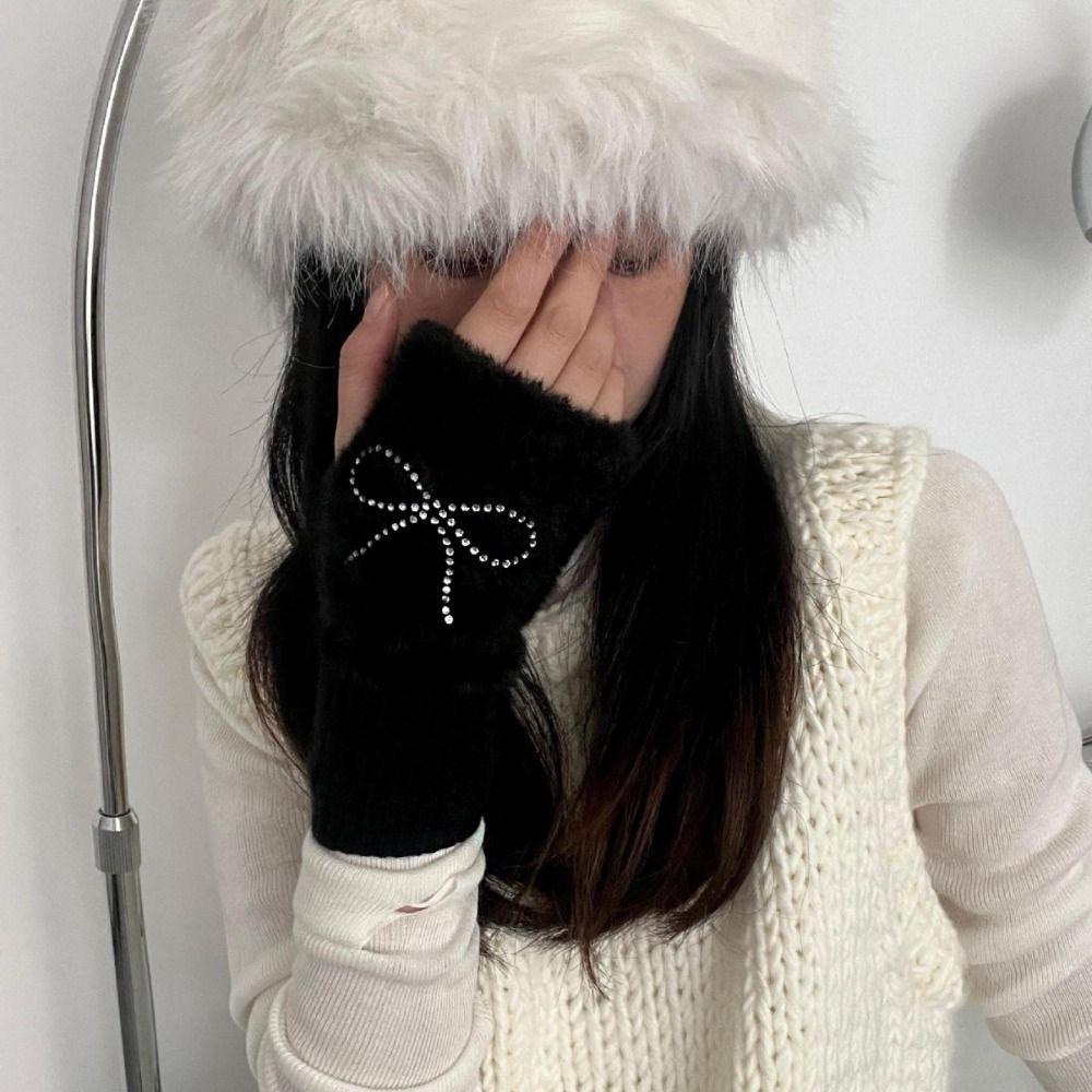 Hotfix Rhinestone Knitted Gloves Plush Half Finger Mittens Soft Bow Gloves  Cycling