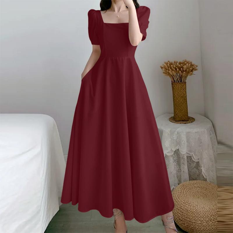 ZANZEA Women Casual Square Collar Elegant Short Sleeve Long Dress