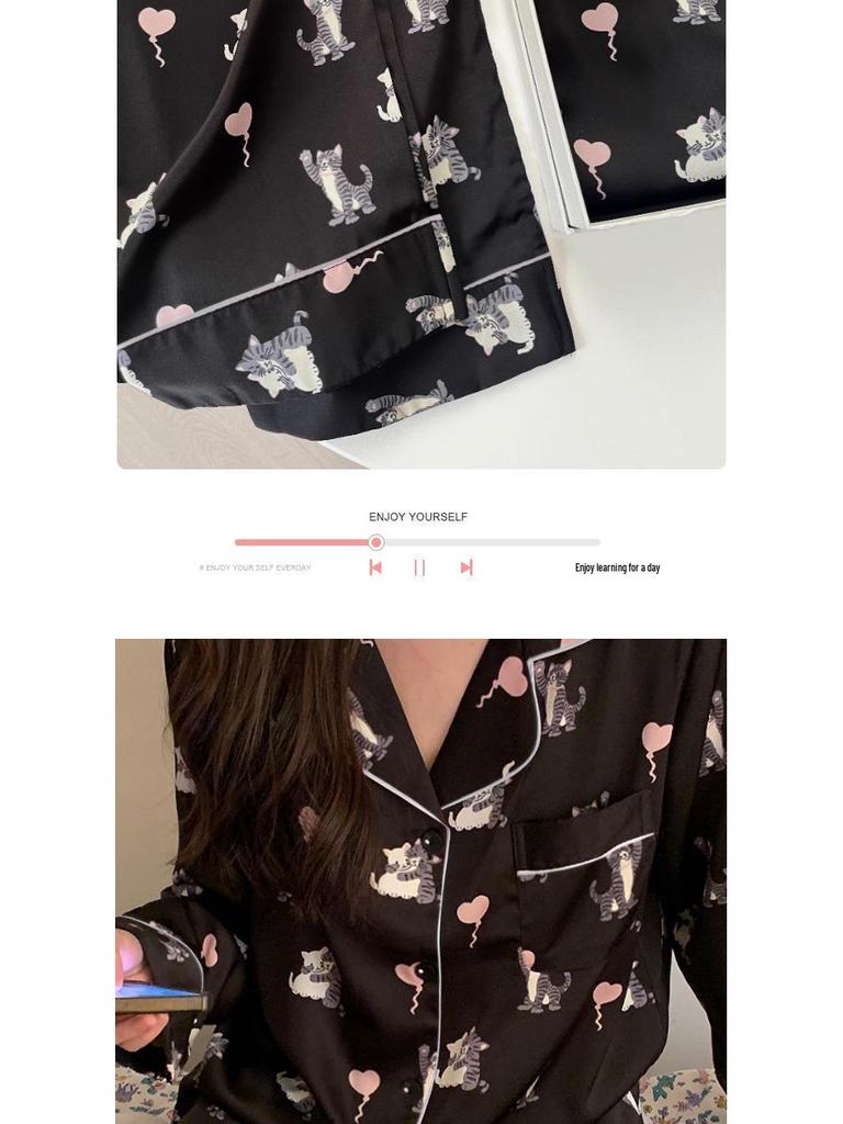 Women's Ice Silk Long-Sleeved Pajamas - Heart Balloon Design, Spring/Summer, Thin Style for Dormitory or Home Wear.