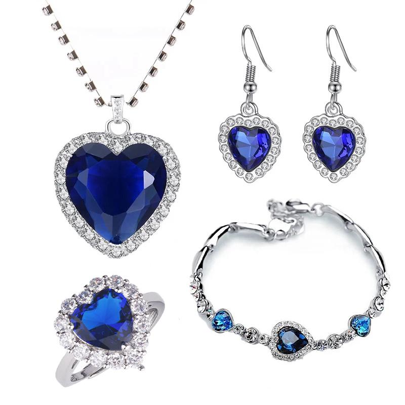 4pcs /Set Titanic Heart Of Ocean Necklaces For Women Love Heart Blue Crystal Zircon Jewelry Sets Female Wedding Party Jewelry
