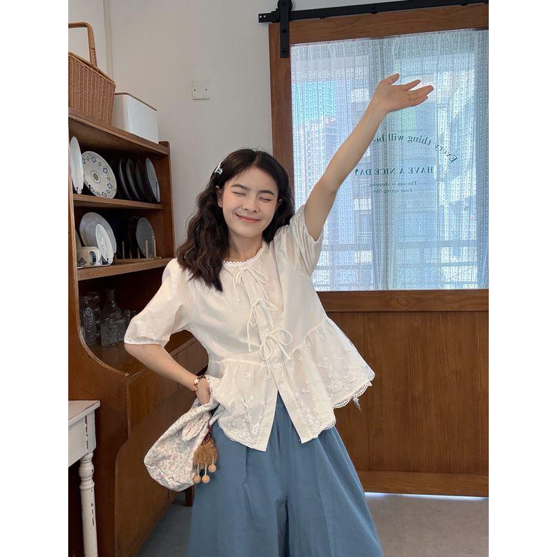 Kumikumi Sweet Style French style Lace Short sleeve Shirts Women clothes Summer Lace-up Design Sense Younger Top