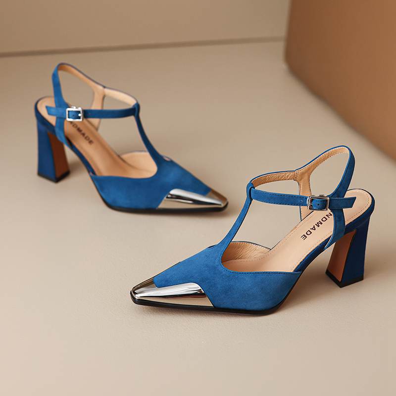 Krazing Pot Σουέτ Τετράγωνη Μύτη Μέγεθος 41 Ψηλά Τακούνια Αγκράφα Γραφείου Γυναίκα Μεταλλική Διακόσμηση Μπλε Χρώμα Φθινοπωρινά Pumps