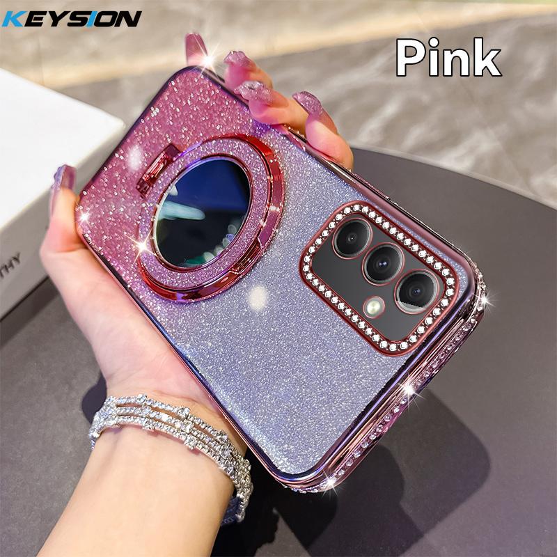 KEYSION Luxury Glitter Jewelled Magnetic Phone Case for Samsung Galaxy A54 5G A34 A24 A14 Makeup Mirror Stand Shockproof Cover