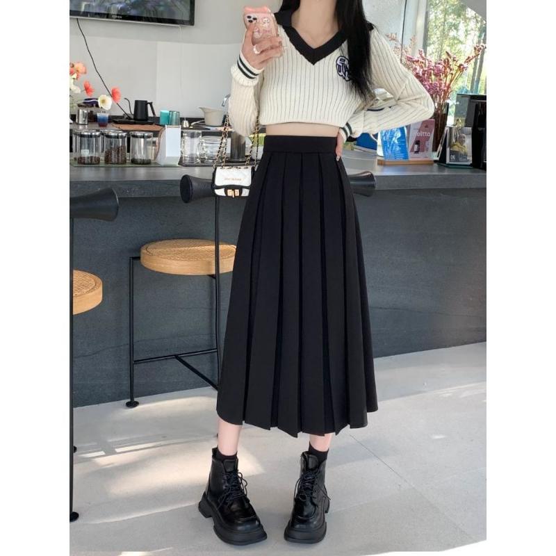 FiveFive Women Korean Style Long Black Skirt Women's Pleated Skirt Long Skirts for Women Fashion A-LINE Skirt